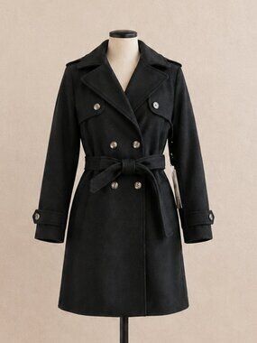 Love for Humanity Black Label Women L Black Belted Double Breasted Trench NWT